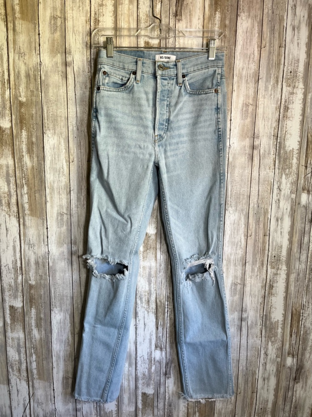 RE/DONE 80s Slim Straight Jeans Light Wash Distressed Knee Mid Rise Size 26 - Picture 2 of 9